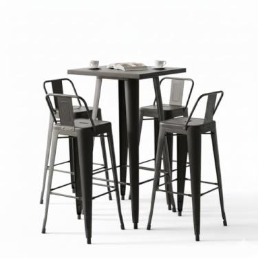 Imagem de DECORESHOP Kit Mesa Bistrô Industrial Tolix com 4 Banquetas Altas com Encosto, Aço Carbono, Preto Fosco, 60x60cm Mesa, Banquetas 76cm Altura