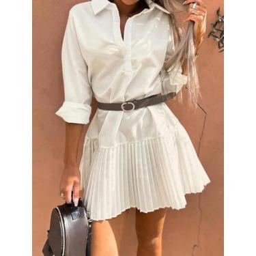 Imagem de Vestido feminino branco com botões - Mini vestido casual plissado de manga comprida, Damasco, Small