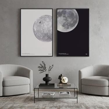 Imagem de Arte de parede em tela preta e branca emoldurada, arte de pinturas contemporâneas de lua grande de 2 peças para paredes, imagens minimalistas modernas para sala de estar, quarto, sala de jantar