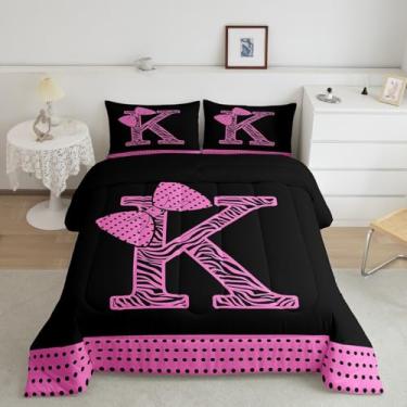 Imagem de jejeloiu Conjunto de cama infantil com laço rosa, rosa, pontos pretos e rosa, colcha de edredom ultramacia com letra K, para decoração de quarto