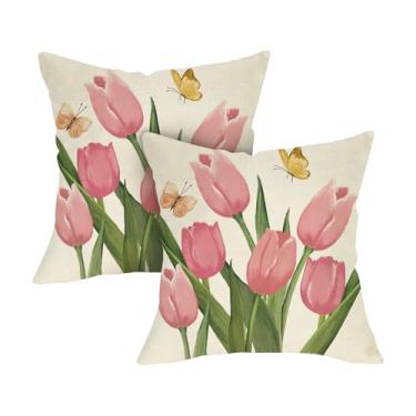 Imagem de Fjfz Capas de almofada decorativas primavera verão flor tulipa 45,7 x 45,7 cm conjunto de 2, decoração de casa ao ar livre, decoração de casa de fazenda, botânica, sofá, sofá