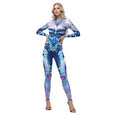 Imagem de Body feminino de Halloween com estampa 3D divertida skinny com zíper nas costas para cosplay temático, Sereia colorida, P