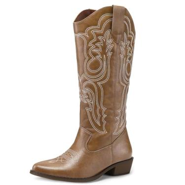 Imagem de mysoft Botas femininas caubói cano médio vaqueira bordada, bico fino, salto grosso, sem cadarço, cano alto, Marrom claro, 37
