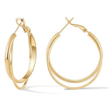 Imagem de Gacimy Brincos femininos de argola dupla de 3 mm de largura, banhados a ouro 14K, médio de 30 mm