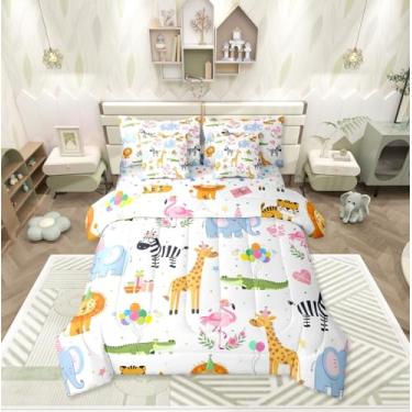 Imagem de Erosebridal Jogo de cama com estampa de animais selvagens para crianças, meninos, meninas, flamingo, girafa, elefante, zebra, crocodilo, amor, coração