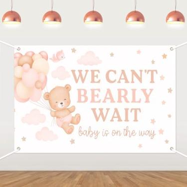 Imagem de Pano de fundo de chá de bebê de urso rosa, faixa We Can Bearly Wait para meninas, lindos balões de desenho animado, festa de chá de bebê, fundos de fotografia de urso, adereços de decoração de sessão