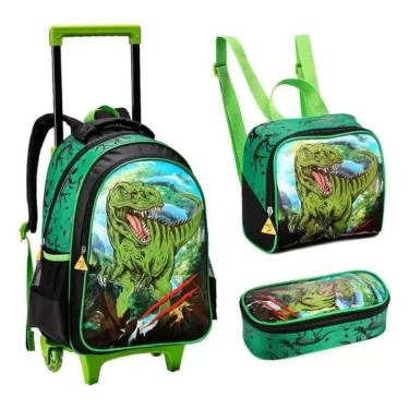 Imagem de Kit Escolar Mochila Lancheira E Estojo Para Meninos Dinossauro Alça De Costas Reforçada - Trex - Denlex Verde Escuro