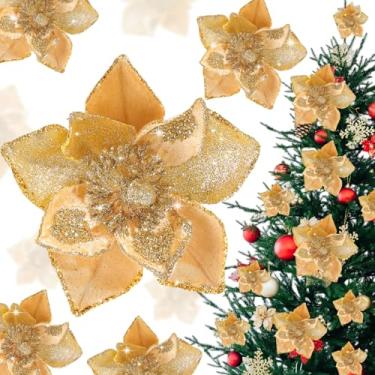 Imagem de Norme 15 peças, 3 tamanhos de veludo, flores de poinsétia de Natal, magnólia, purpurina, ornamentos de flores artificiais para árvore de Natal, guirlanda de casamento, decoração de férias (ouro)