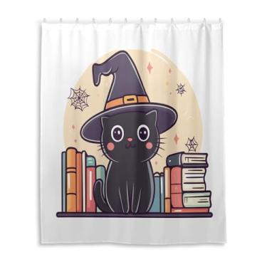 Imagem de Wassud Cortinas de chuveiro fofas de gato preto para banheiro conjunto de cortina de chuveiro à prova d'água com 12 ganchos 152 x 182 cm