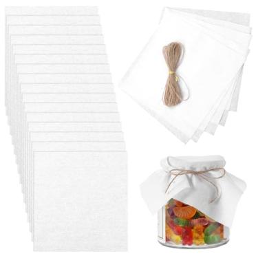 Imagem de 20 peças de tampas de pano para frascos de musselina não branqueada, quadrados de tecido de 19,8 cm para potes de pedreiro, panos de fermentação de pão, corda de juta de 10 metros para frascos de