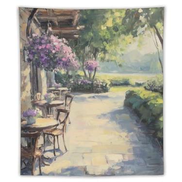 Imagem de Tapeçaria de pátio de casa de campo de pedra de primavera, pintura a óleo roxo rosa floral para pendurar na parede, decoração de jardim ao ar livre encantadora para sala de estar, quarto, decoração de