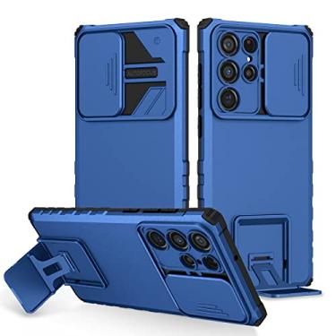 Imagem de POYUFRG Capa à prova de choque para Samsung Galaxy S26 Ultra/S26 Plus/S26, capa de telefone antiderrapante com suporte invisível com capa de proteção de lente deslizante, azul, S26