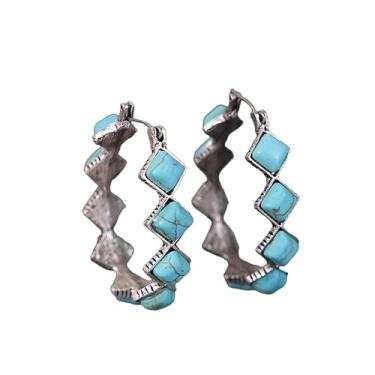 Imagem de Brincos de argola boho étnica turquesa com contas de pedra natural ocidental de aço inoxidável para mulheres cowgirl tribal boêmio joias de praia, Pedra Turquesa, Turquesa