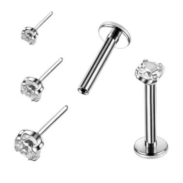 Imagem de Piercing Labret Push Pin com Zircônia, Titânio, Pedra 1.5mm/2mm/3mm, Haste 0,8mm, Joia para Nariz