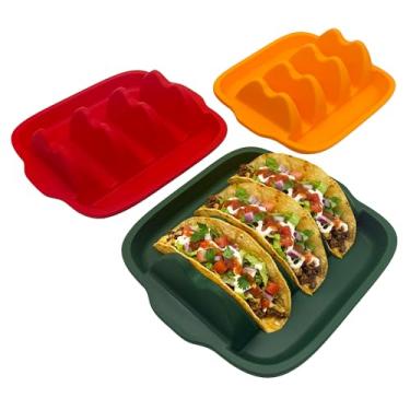 Imagem de Chef Tacos Suporte de taco (pacote com 3), suporte de taco de silicone para 3 tacos, pratos reutilizáveis com divisórias, bandeja macia flexível, seguro para lava-louças e micro-ondas