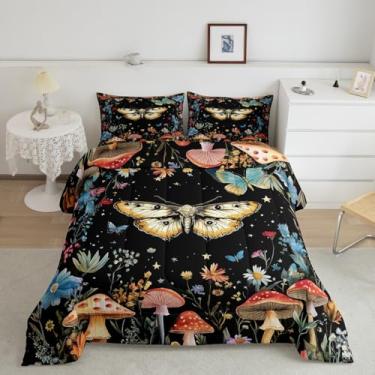 Imagem de Feelyou Conjunto de edredom boêmio com estampa floral de mariposa, boêmio, tamanho casal, cogumelo selvagem, 3 peças