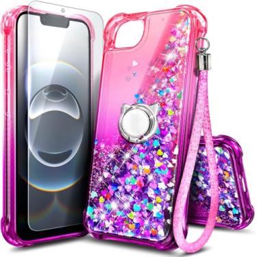 Imagem de Capa NGB projetada para iPhone 16e, rosa/roxo | Capa fofa com glitter líquido brilhante para mulheres, meninas e crianças | com protetor de tela de vidro temperado, suporte de anel e alça de pulso