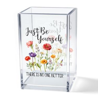 Imagem de Vgrti Just Be Yourself Suporte organizador de pincéis de maquiagem de acrílico, acessórios de mesa motivacionais para quarto, escritório, presentes inspiradores com citação de afirmação para mulheres