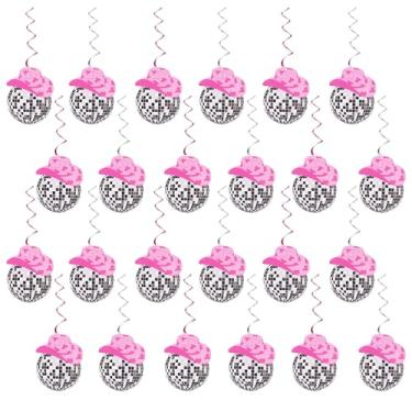 Imagem de 48 peças de decorações de festa de vaca discoteca, bola de discoteca, chapéu rosa, decorações de festa de vaca, espirais de aniversário para despedida de solteira