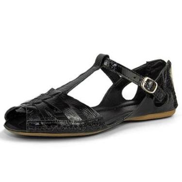 Imagem de Sandália rasteira Pierrô feminina em couro legítimo verniz cor preta-Feminino