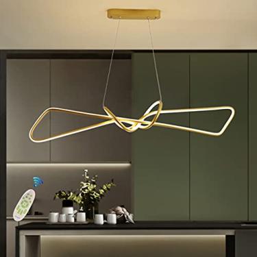 Imagem de Luminária pendente LED moderna para mesa de jantar, com intensidade regulável, controle remoto e ajuste de altura. Design em acrílico. Lustre para sala de estar e quarto, dourado, 110 cm/60