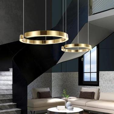 Imagem de Luminária pendente de LED para mesa de jantar, regulável, dourada rosê, design moderno com anéis, lustre de alumínio para sala de jantar, luminárias pendentes para escadas, luminária de mesa