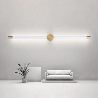 Imagem de LED Lâmpada de parede interna 350° rotação moderna iluminação de parede minimalista metal longo alumínio acrílico escada lâmpada de parede para quarto sala de estar corredor (luz branca dourada, 75 cm