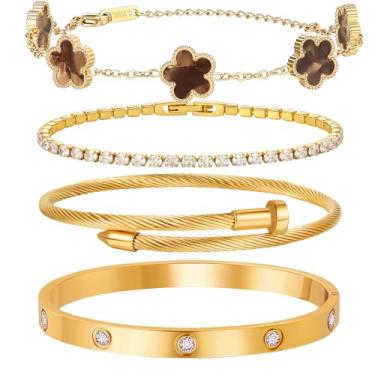 Imagem de MVCOLEDY Pulseira de amor banhada a ouro 18 K para mulheres, pulseira de 4 peças com concha sintética, corrente de trevo floral, corrente de tênis e pulseira de ouro de cristal, joia de presente para