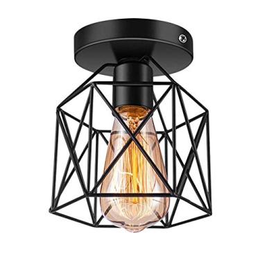 Imagem de Luminária de teto vintage embutida com cúpula de ferro preta, estilo industrial, com estrutura em grade, ideal para corredor, quarto, cozinha, sala de estar, adega, armazém, cafeteria ou bar