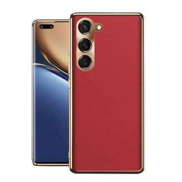 Imagem de LYJSMGZ Capa de couro genuíno para Samsung Galaxy S25 Ultra/S25 Plus/S25, lente totalmente fechada com design de moldura galvanizada, capa à prova de choque, vermelha, S25 Ultra