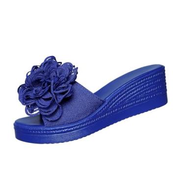 Imagem de Sandália feminina floral Peep Toe Wedge para uma adição feminina e elegante ao seu guarda-roupa de verão, Azul royal, 36