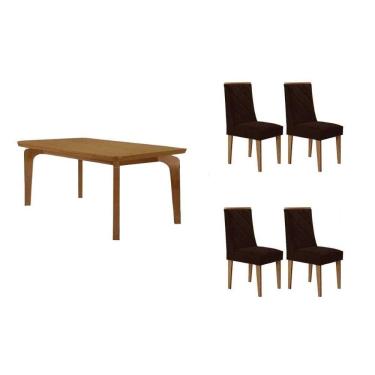 Imagem de Conjunto: Mesa Sala Jantar Londrina Tampo Curvo 120cm+4 Cadeiras Pietá Madeira Naturale - Capuccino/Suede Marrom - Rufato