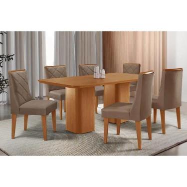 Imagem de Conjunto: Mesa Sala Jantar Maldivas Tampo Curvo 180cm+6 Cadeiras Pietá Madeira Naturale - Capuccino/Suede Capuccino - Rufato