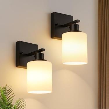 Imagem de MOKATNG Conjunto de 2 arandelas de parede para banheiro, luzes pretas modernas com sombra de vidro branco, lâmpada de parede de banheiro para espelho cozinha sala de estar corredor armário varanda