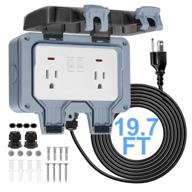Imagem de BSEED Caixa de tomada externa com cabo de extensão de 6 metros, receptáculo duplo de 15 AMP 5-15 IP66 à prova d'água, caixa elétrica externa à prova de intempéries, indicador de LED, capa bloqueável