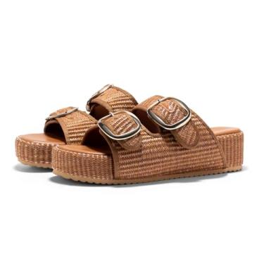 Imagem de Coutgo Sandálias femininas plataforma ráfia, alpargatas, duas faixas, bico aberto, sem cadarço, sapatos de férias na praia, Marrom, 37