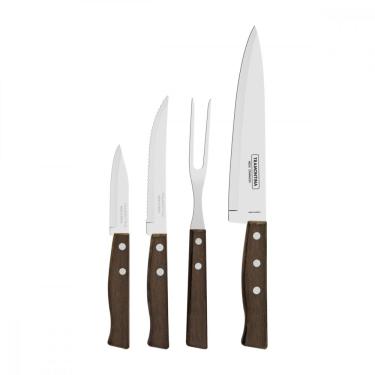 Imagem de Jogo de Facas Tramontina Tradicional com Laminas em Aço Inox e Cabos em Madeira Natural 4 Peças