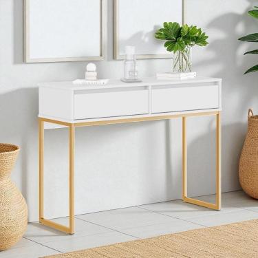 Imagem de Aparador Buffet Rio 2 Gavetas Para Sala 90 Cm Branco Dourado