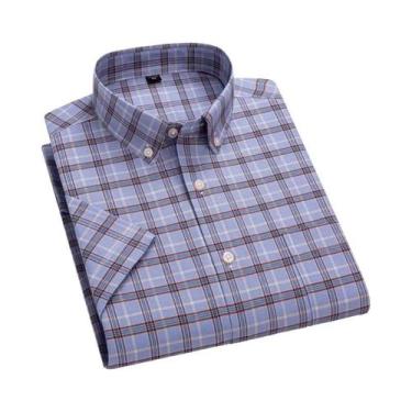 Imagem de Camisa Masculina Slim Fit Xadrez De Algodão, Manga Curta, Casual, Resp