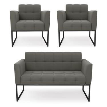 Imagem de Kit 1 Sofá Namoradeira e 2 Poltronas Elisa Suede Grafite Base Metálica Industrial Preto D03 - D'Rossi