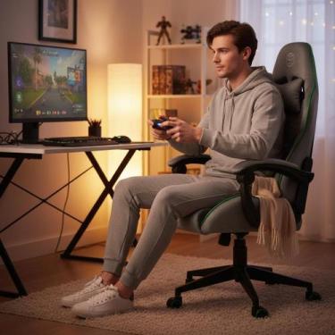 Imagem de Cadeira Gamer Giratória Cinza com Ajuste de Altura e Encosto Reclináve