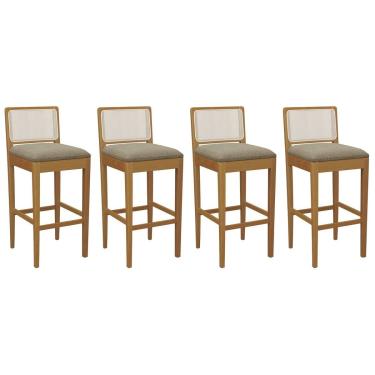 Imagem de Banqueta Cozinha Sara 1BMM005CA Premium Madeira Maciça Kit 4 Un Carvalho/Boucle Bege Fendi/Tela Bege - Kappesberg