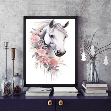 Imagem de Quadro Cavalo Branco Com Flores 45X34Cm - Com Vidro