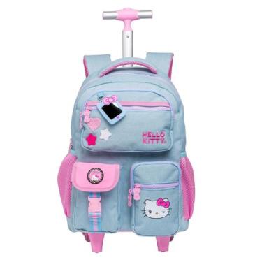 Imagem de Mochila Rodinhas Hello Kitty Jeans Juvenil Meninas Azul