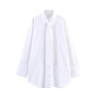 Imagem de Camisa Feminina Branca De Popeline Manga Longa Com Botões Estilo Corea