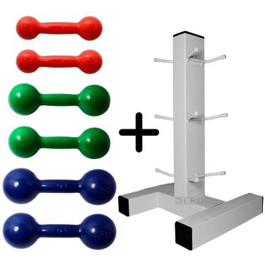 Imagem de Kit Halteres Emborrachado 1,3 e 5  Com Suporte CHÃO-Unissex