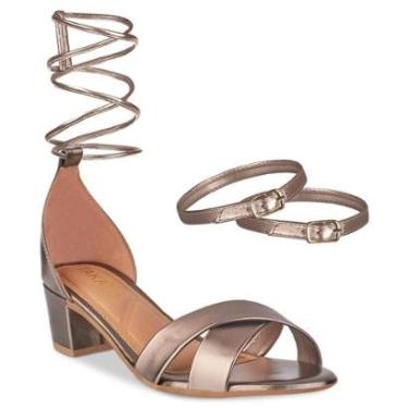 Imagem de Sandalia Feminina Metalizada Tiras Cruzadas Amarração Salto Bloco Baixo Grosso Quadrado-Feminino