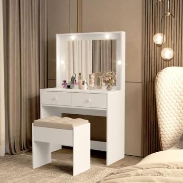 Imagem de Penteadeira Lívia MDF Incluso Banqueta Espelho Led 2 Gavetas Cor:Branc