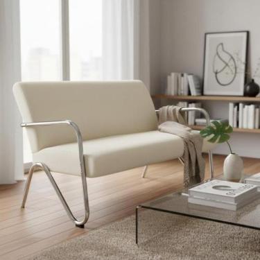 Imagem de Namoradeira Decorativa Bela Couro Bege Braço Cromado - Mansão Decor