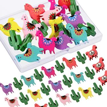 Imagem de 30 pinos de madeira de pelúcia Llama Alpaca Cactus Decorativo Pushpins fofos para parede, mapas, quadro de avisos ou tábuas de cortiça
